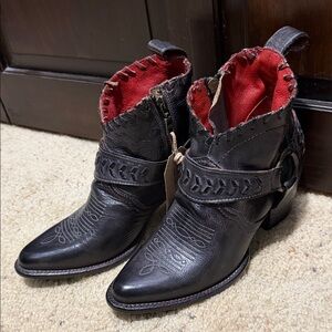 Bed Stu Black Leather Ankle Boots with Red Accents